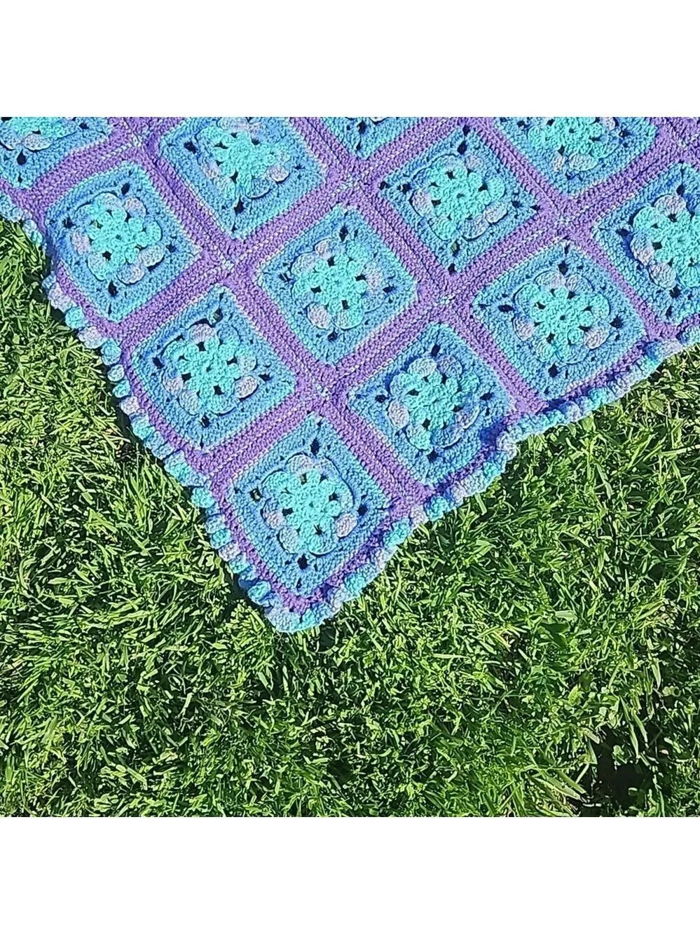 Hand Crafted Purple Blue Aqua Crochet Blanket Granny Square Throw